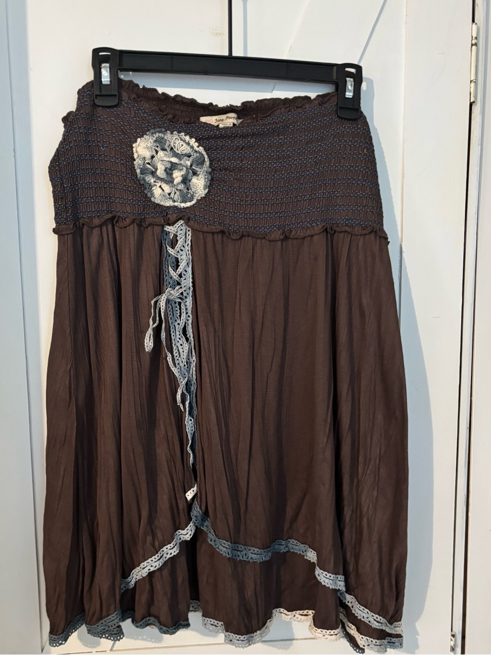 Free People S Brown Boho Smocked Crochet Lace Flowy Top